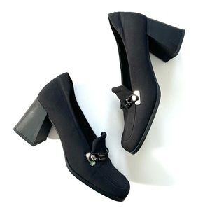 Vintage Retro Vero Studio Black Fabric Chunky Block Heel Square Toe Pumps